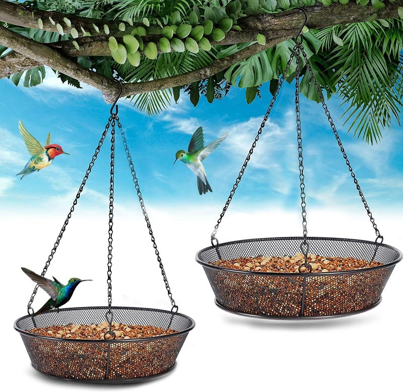 FLINTER 2 Pack Hanging Bird Feeder, Bird Feeder for Garden Yard Outside Hanging Feeder Tray - Metal Mesh Platform Feeders for Outside Outdoors for Attracting Birds - Image 1